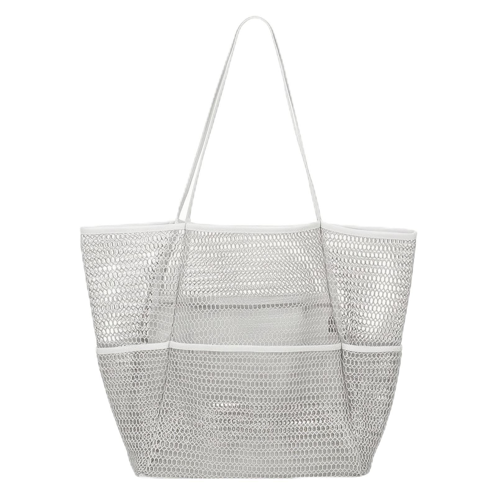 Mesh Beach Tote Compact Pocketed Beach Tote Exterior Pockets Gray-image-42
