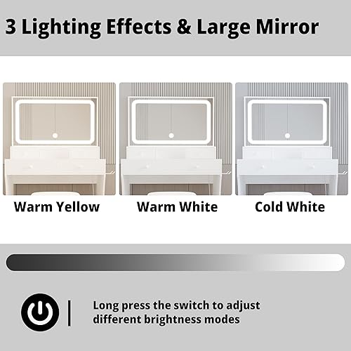 Miniatura 4 de LIKIMIO Escritorio de tocador con espejo iluminado LED, toma de corriente y 4 cajones, juego de mesa de maquillaje con taburete de almacenamiento y