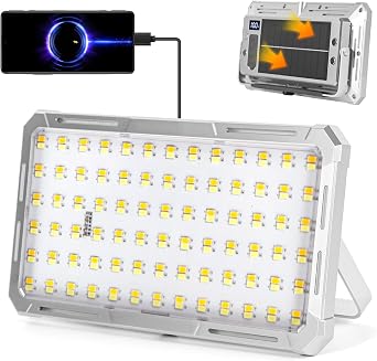 Solar Rechargeable Work Light with Power Bank & Battery Indicator, 178 LED Portable Flood Light with Magnetic Base, 4 Modes IP44 Waterproof Job Site Lamp for Camping, Fishing, Car Repair Silver Body