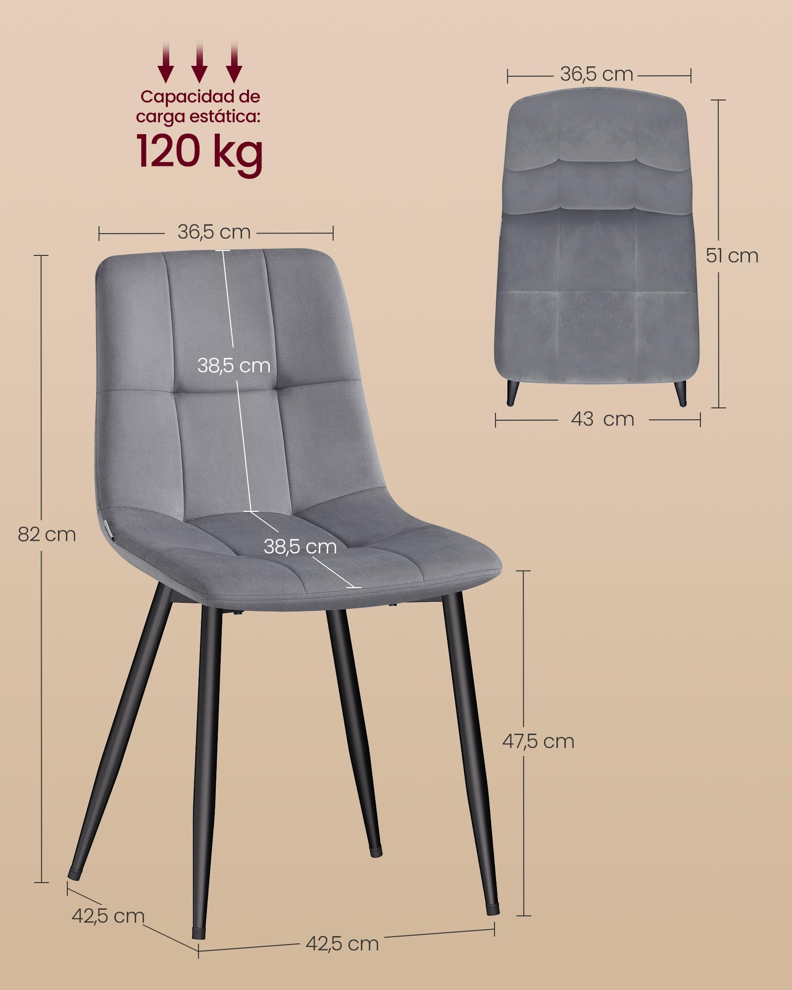 VASAGLE Sillas de Comedor de Terciopelo, Carga 120 kg Cada Una, Sillas de Cocina Acolchadas con Pies Ajustables, Estilo Moderno, para Salón, Juego de 4, Gris Pizarra KDC080GN01