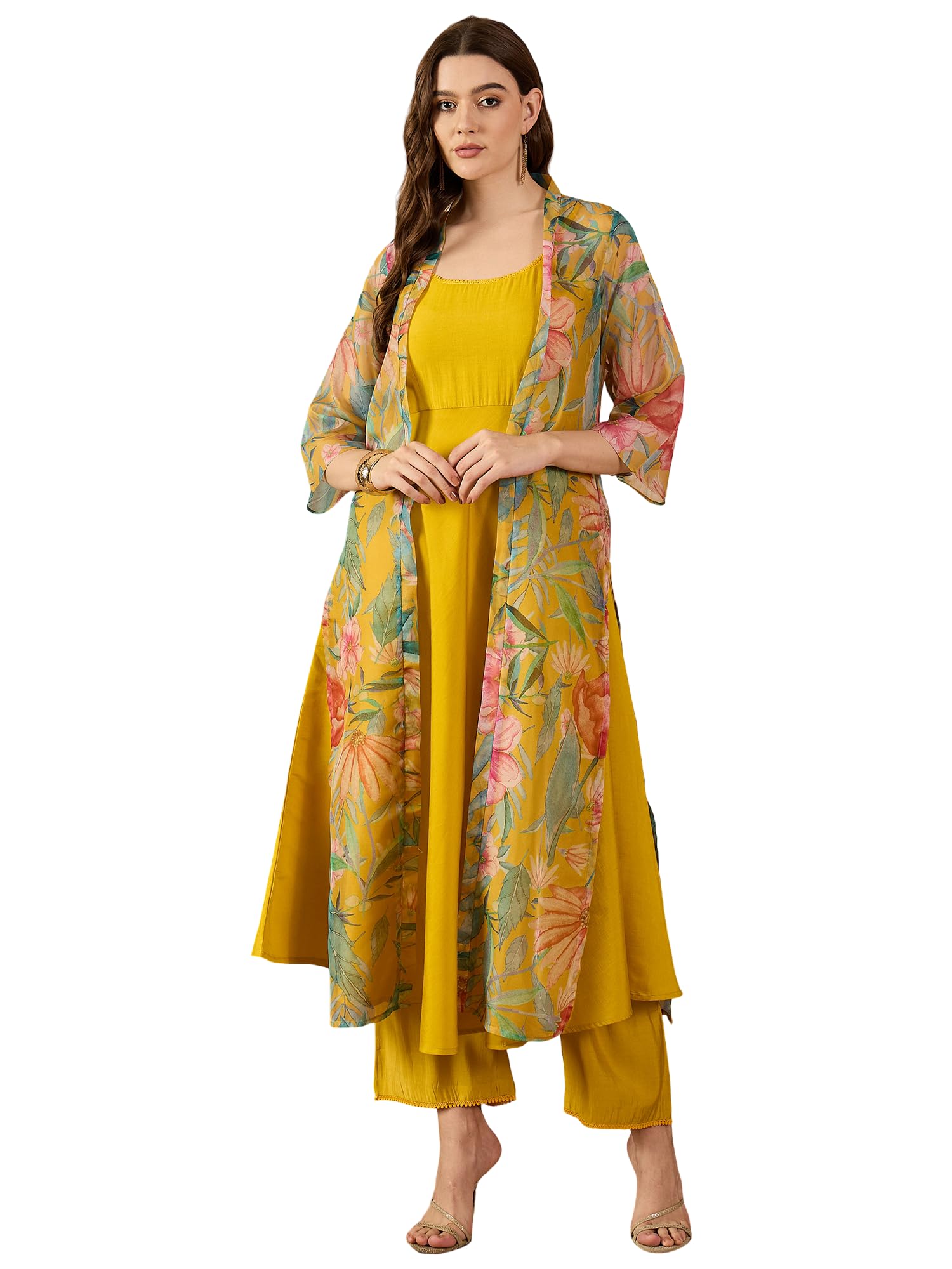 Women Mustard Yellow Solid Kurta Pant Set with Floral Print Shrug-image-29