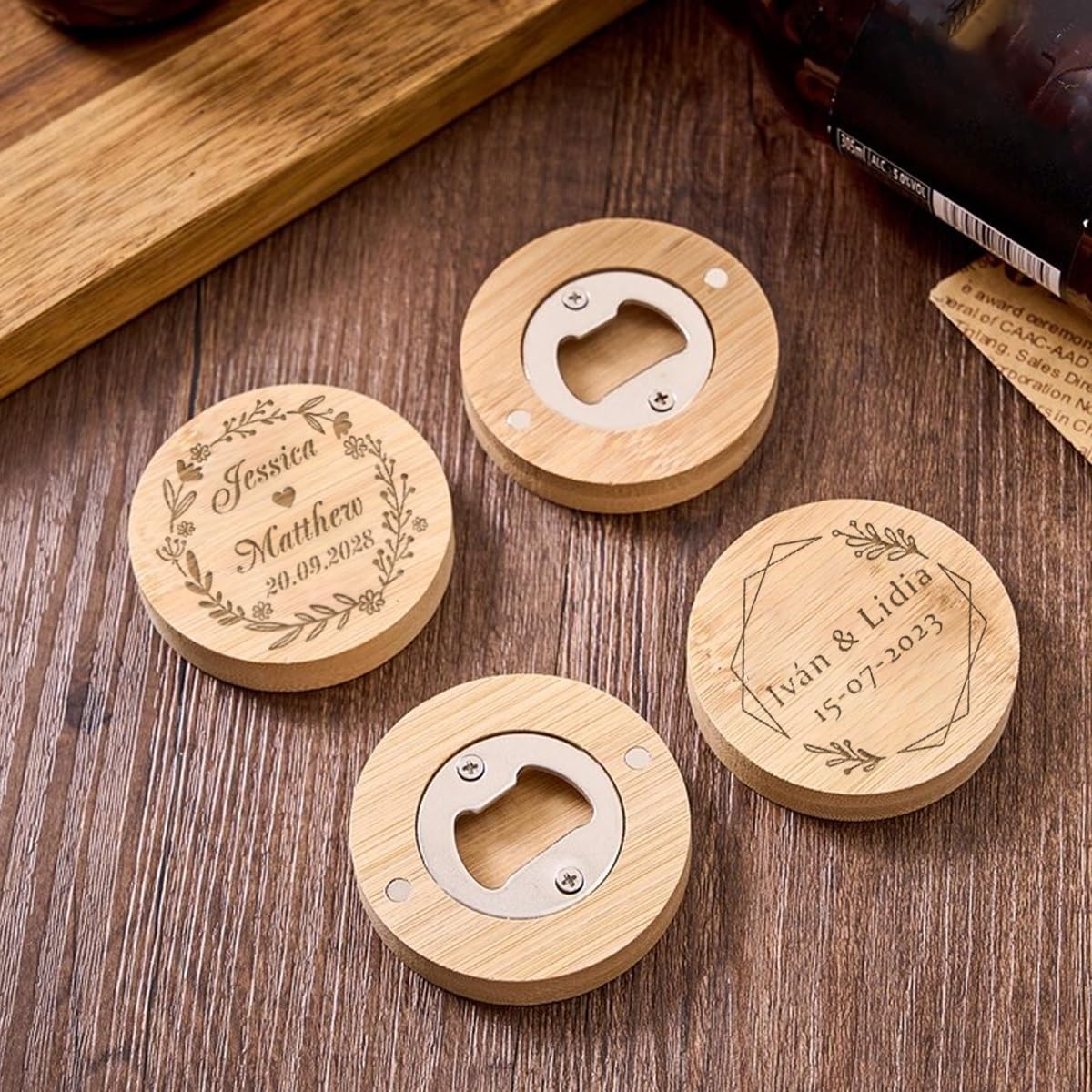 Abridor Magnético Personalizado A Granel Para Regalos De Boda, Con Nombre Y Fecha Grabados, Abridor/Posavasos Redondo 2 En 1 De Madera Para Cerveza, Refrescos, Bares Y Fiestas De Cumpleaños(50pcs)