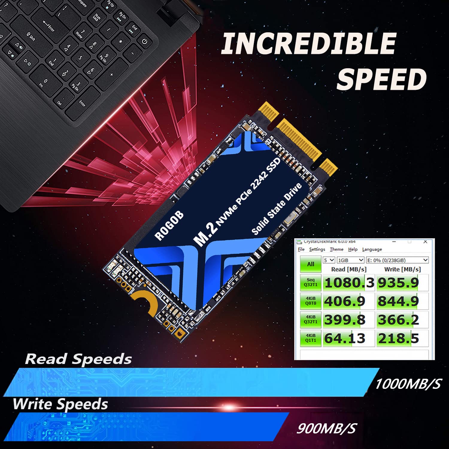 ROGOB 512GB M.2 NVMe 2242 SSD PCIe Gen3 * 2 B & M Key Disk Form