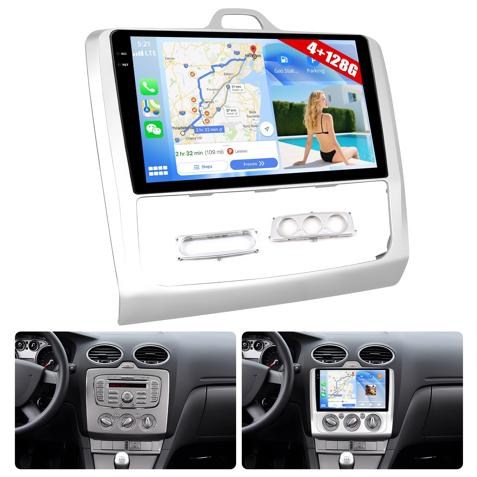 CAMECHO [4+128 GB] odtwarzacz samochodowy z systemem Android 15 dla Forda Focus Exi MT 2 3 Mk2/Mk3 (2004–2011) z bezprzewodowym CarPlay i Android Auto ekran 9″ INCELL 2 DIN GPS WiFi