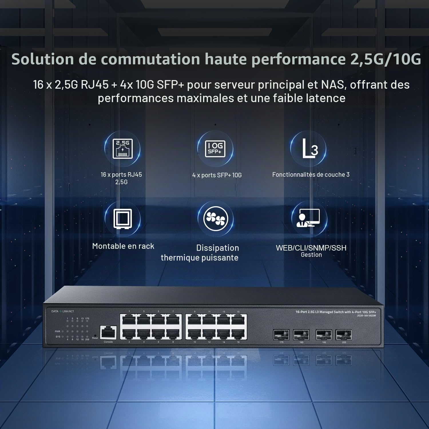 Commutateur réseau géré par Web Binardat 20 Ports 2,5 G, 16 Ports Ethernet 2,5 G, 4 Ports SFP 10 Gigabit, géré par Web/CLI L3, commutateur réseau métallique Multi-gigabit de Bureau/montable en Rack