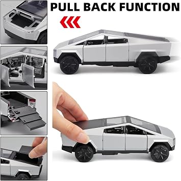 Tesla Truck 1:32 Model Car, Toy Trucks With Light & Music, Pull Back Function, Alloy Die-Cast, Great Mini Vehicle Toy for Children Ages 3 and Up and Car Collectors (Silver)