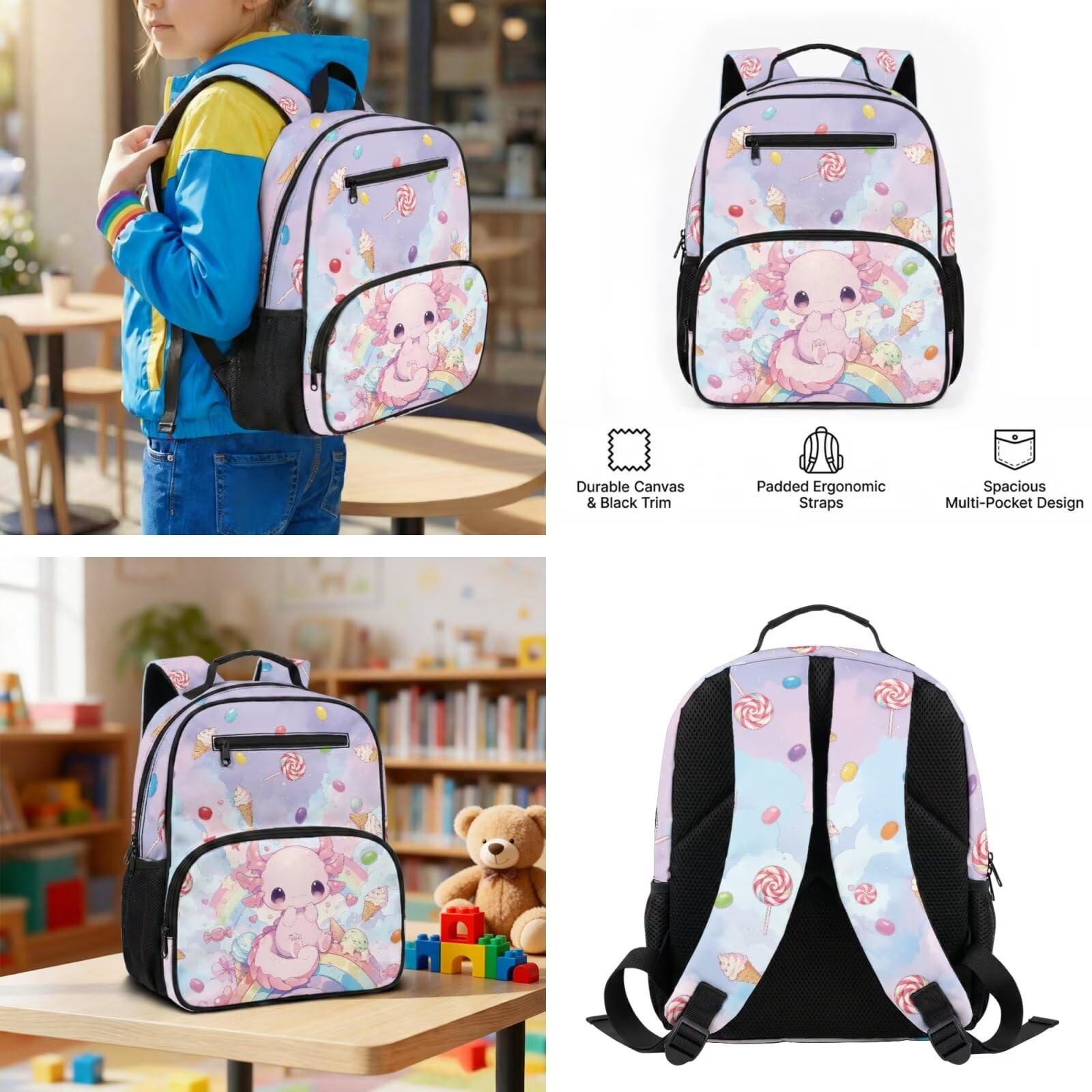 Uroczy plecak kawaii do szkoły, 3 sztuki, dziewczęcy plecak i pudełko na lunch, przedszkole przedszkole torba na książki dla dzieci, Słodycze Rainbow Axolotl, S, Klasyczny