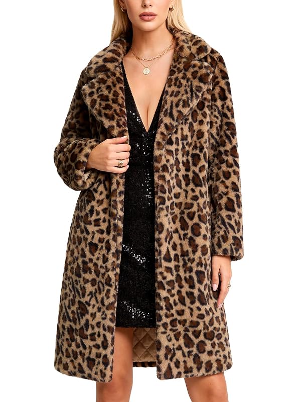 YIGAMA Womens Long Faux Fur Coats Lapel Faux fur Jacket Fluffy Coats Leopard Print Fuzzy Winter Jacket by YIGAMA - Used condition - US$39.49