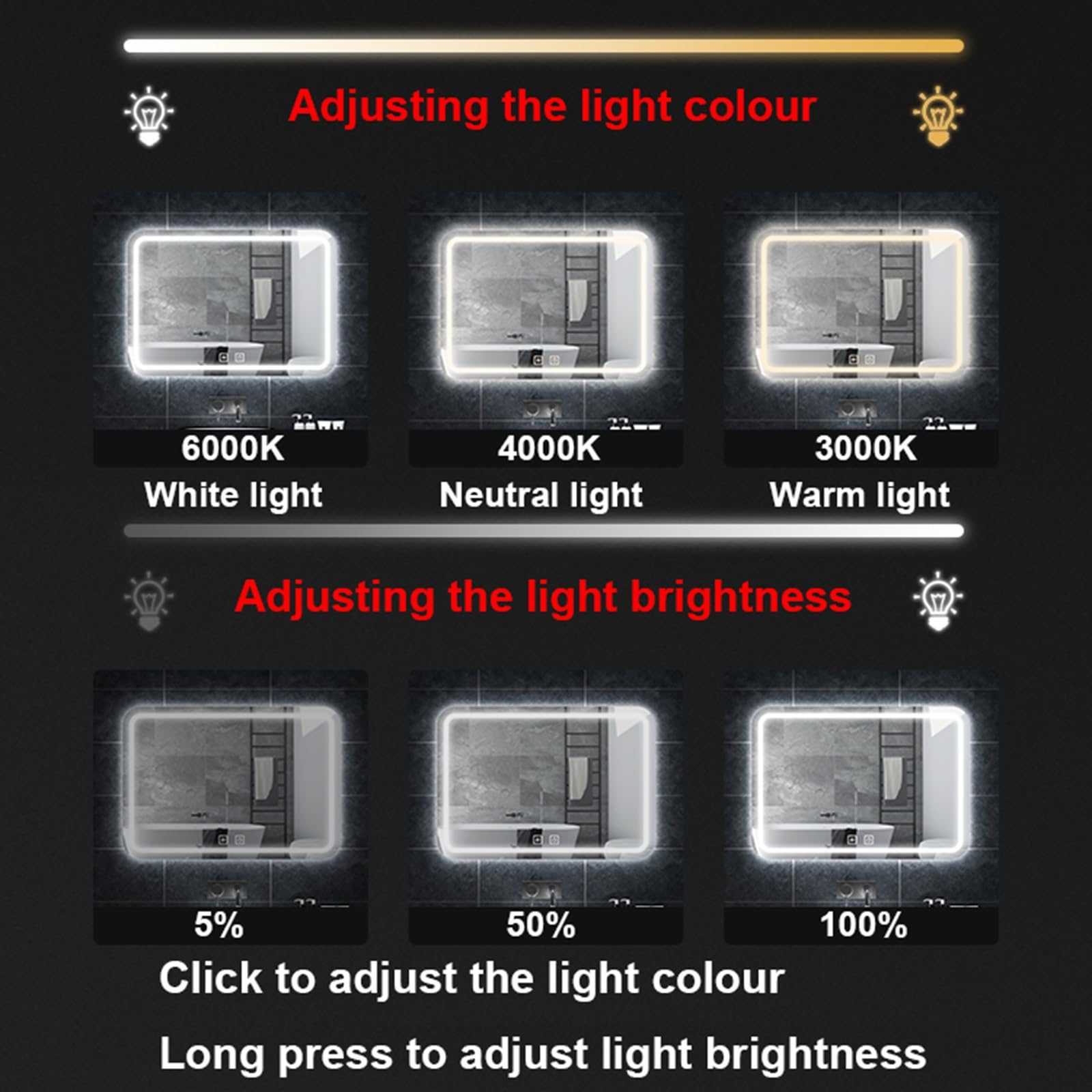 Espejo de Baño LED Rectangular con Luz de 3 Colores y Botón Táctil(50x70cm,A)
