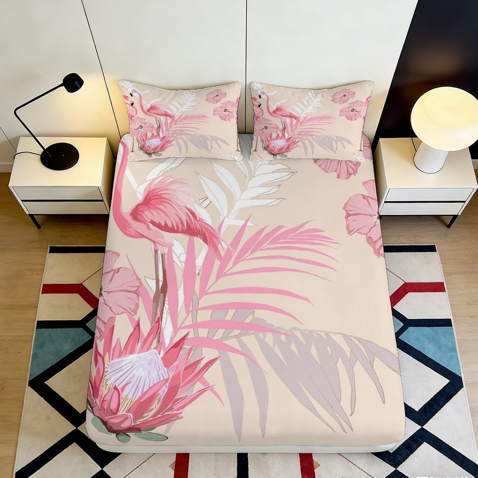 Pnayamiorkfel Style-3 3D Printed Pink Flamingo Fitted Sheet Microfiber Breathable Tropical Leaves Bed Cover For Bedroom Guest Room Decor 90X200x25cm
