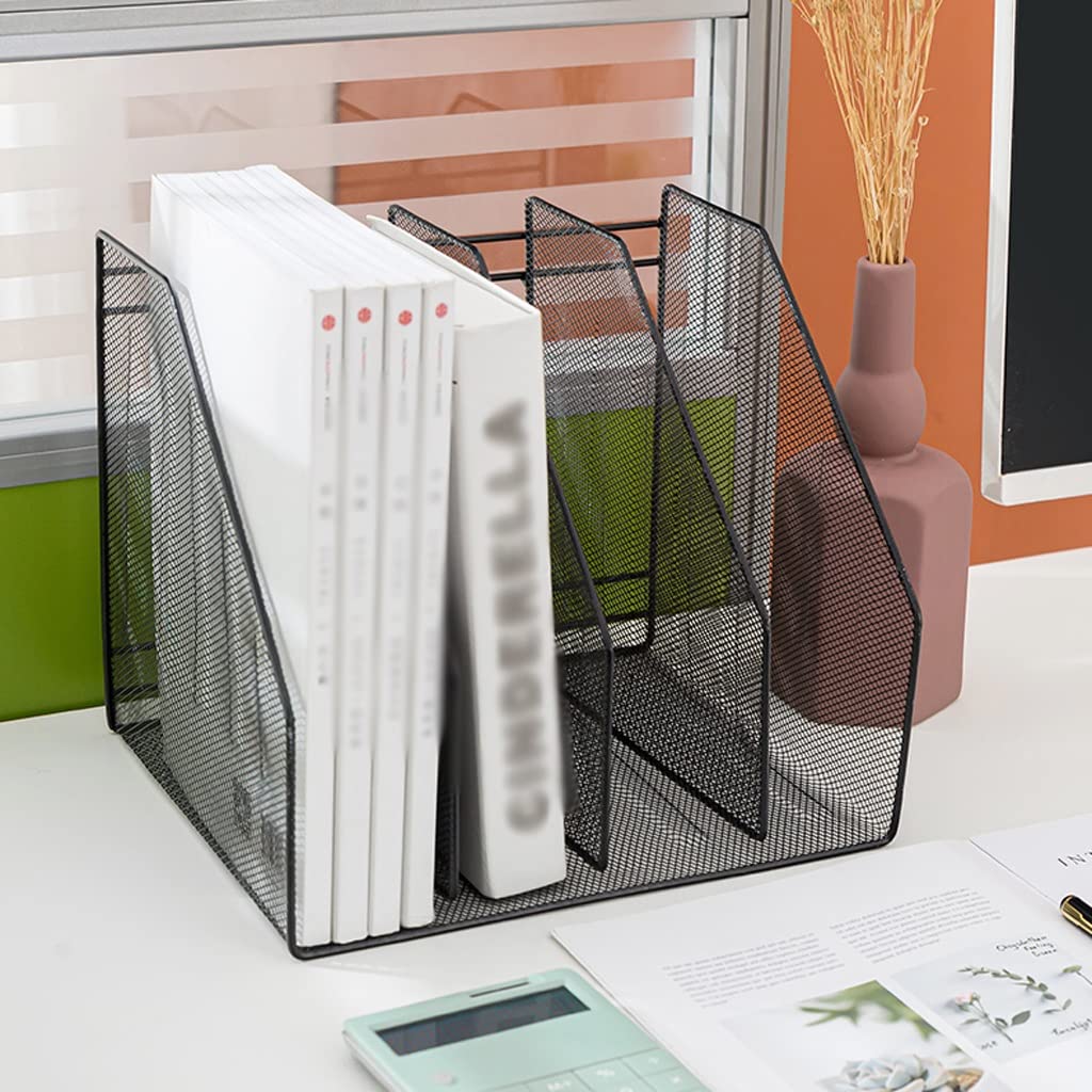 Zeitschriftensammler aus Metallgeflecht, 4 Fächer, Schreibtischaufbewahrungslösung, 28,5 x 25 x 24 cm, perfekt für Zuhause und Büro, Schwarz