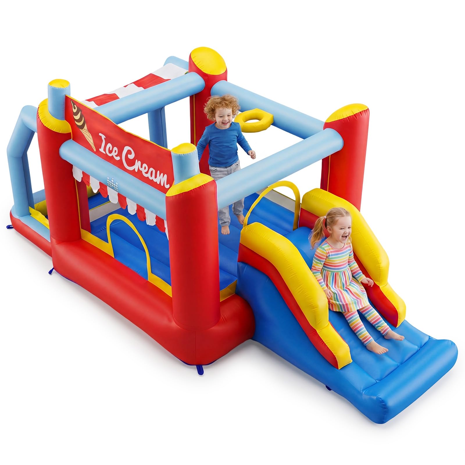 COSTWAY Castillo Hinchable para Niños, Casa de Juegos Inflable con Tobogán, Zona de Rebote, Paredes de Malla, Barandilla, Piscina de Bolas, Bolsa de Transporte, Castillo para 3-12 Años, sin Soplador