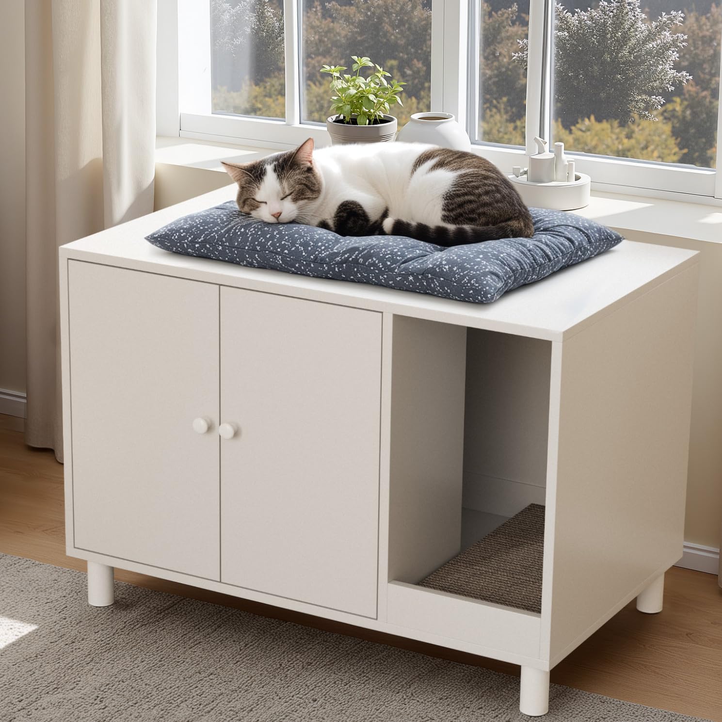 WARCAT Cat Litter Box Enclosure, Modern Hidden Litter Box Enclosure Furniture, Hidden Washroom with Scratch Pad, Barn Door Design, Indoor Cat House & End Table (White)