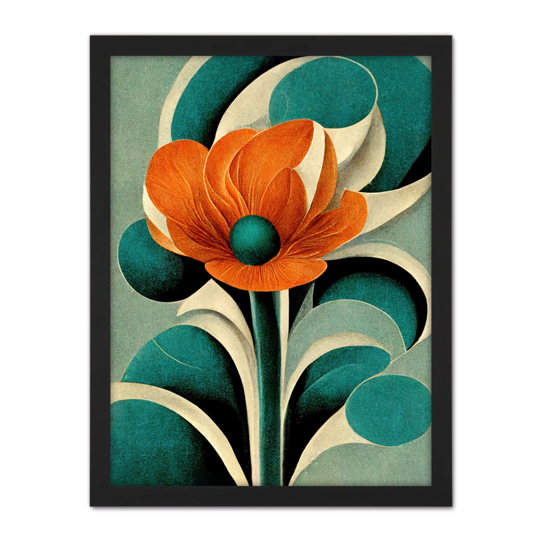 Doppelganger33 LTD Art Deco Poppy Flower Teal Orange Cream Artwork Framed Wall Art Print 18X24 Inch