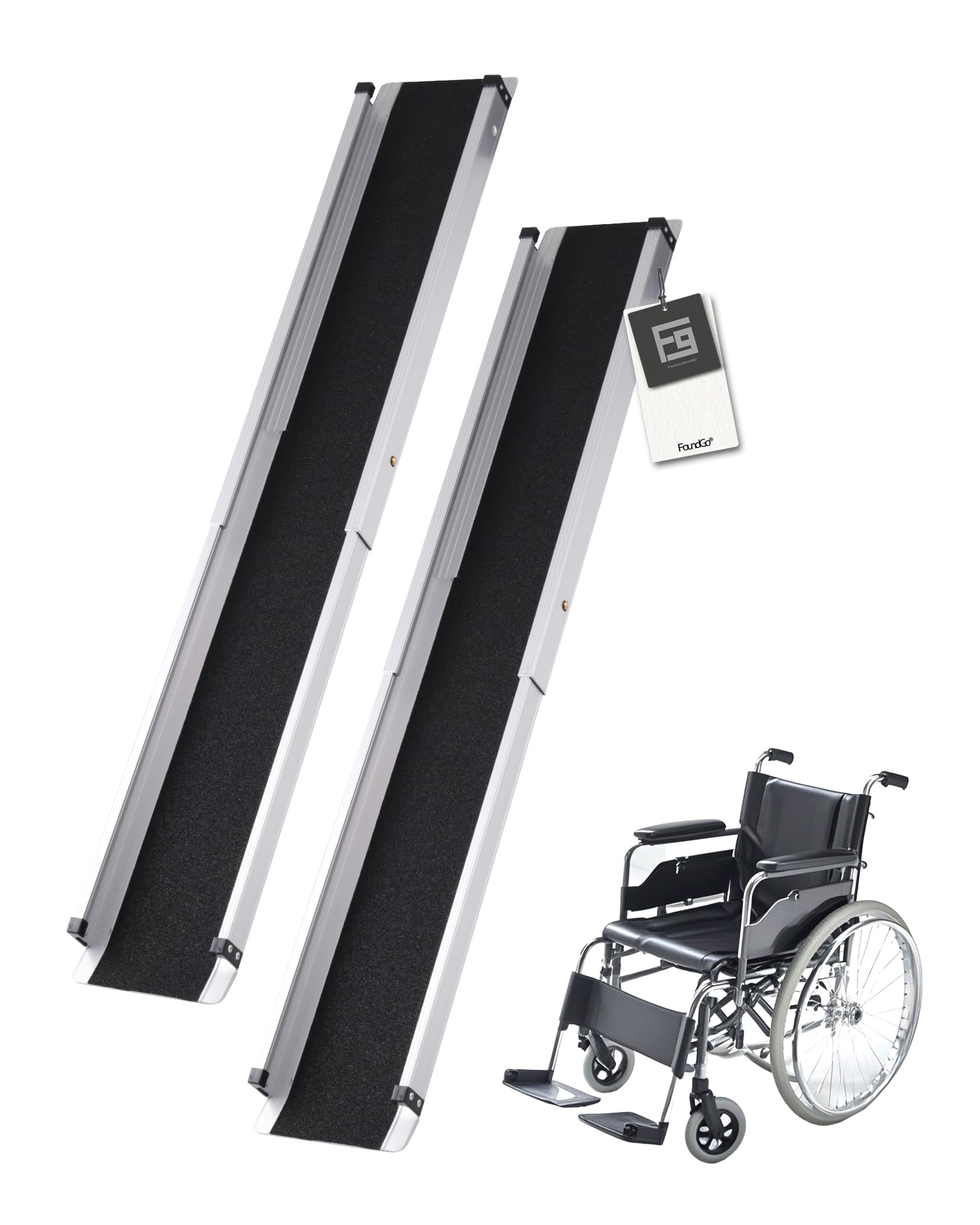 FoundGo Rampa telescópica para silla de ruedas, 2 unidades, máx. 300 kg, 74,5/121 cm, de aluminio, antideslizante, incluye bolsa de transporte, rampa de acceso para silla de ruedas manual, escaleras,