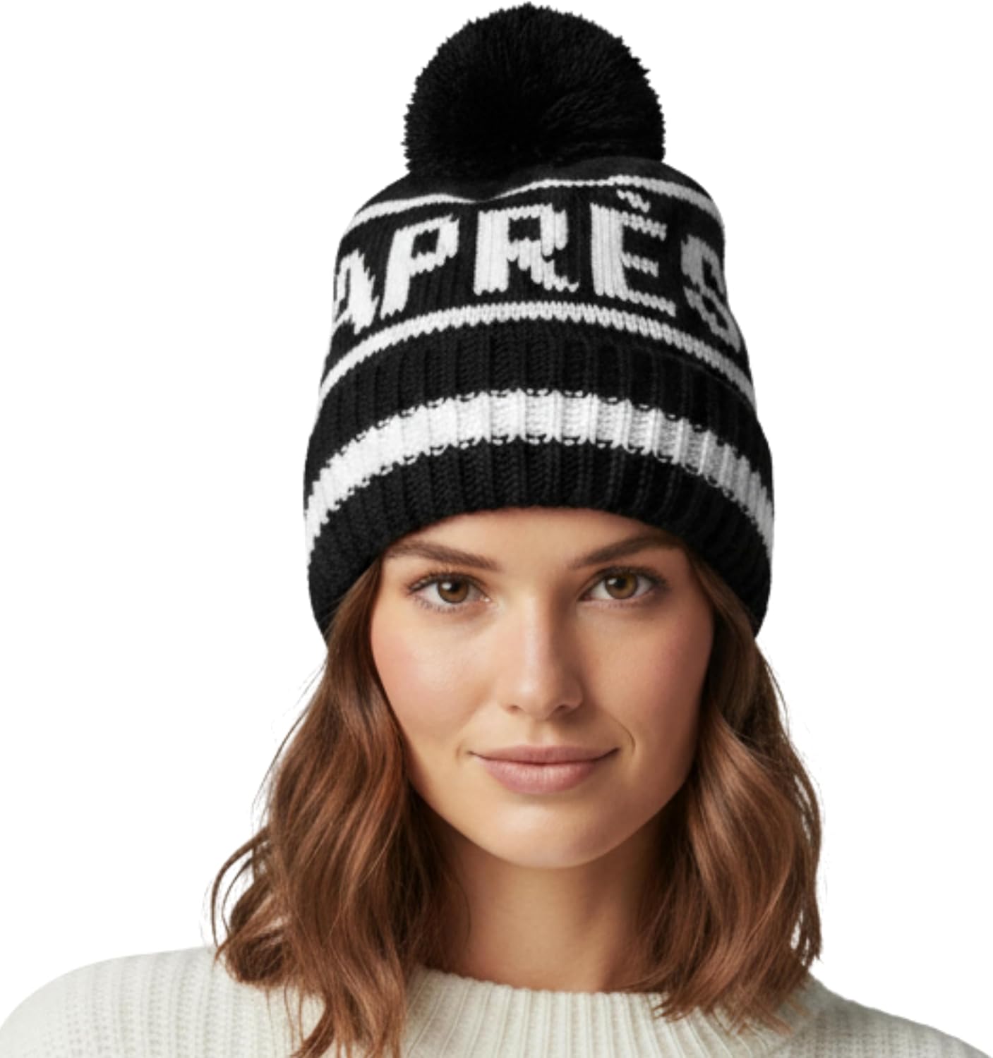 Funky Junque Après Ski Pom Pom Beanie for Women – Oversized Knit Winter Hat, Warm Cozy Womens Hats for Ski Trips & Snow Days