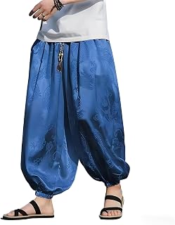 [FJLTDCP] ワイドパンツ メンズ 9分丈 龍柄 総柄 接触冷感 袴・サルエル・スカート風 夏 薄手 光沢感 落ち感 ゆったり スカンツ とろみ ルーズ 春秋兼用 ゴムウエスト ポケット付き イージー 涼しい ルームウェア