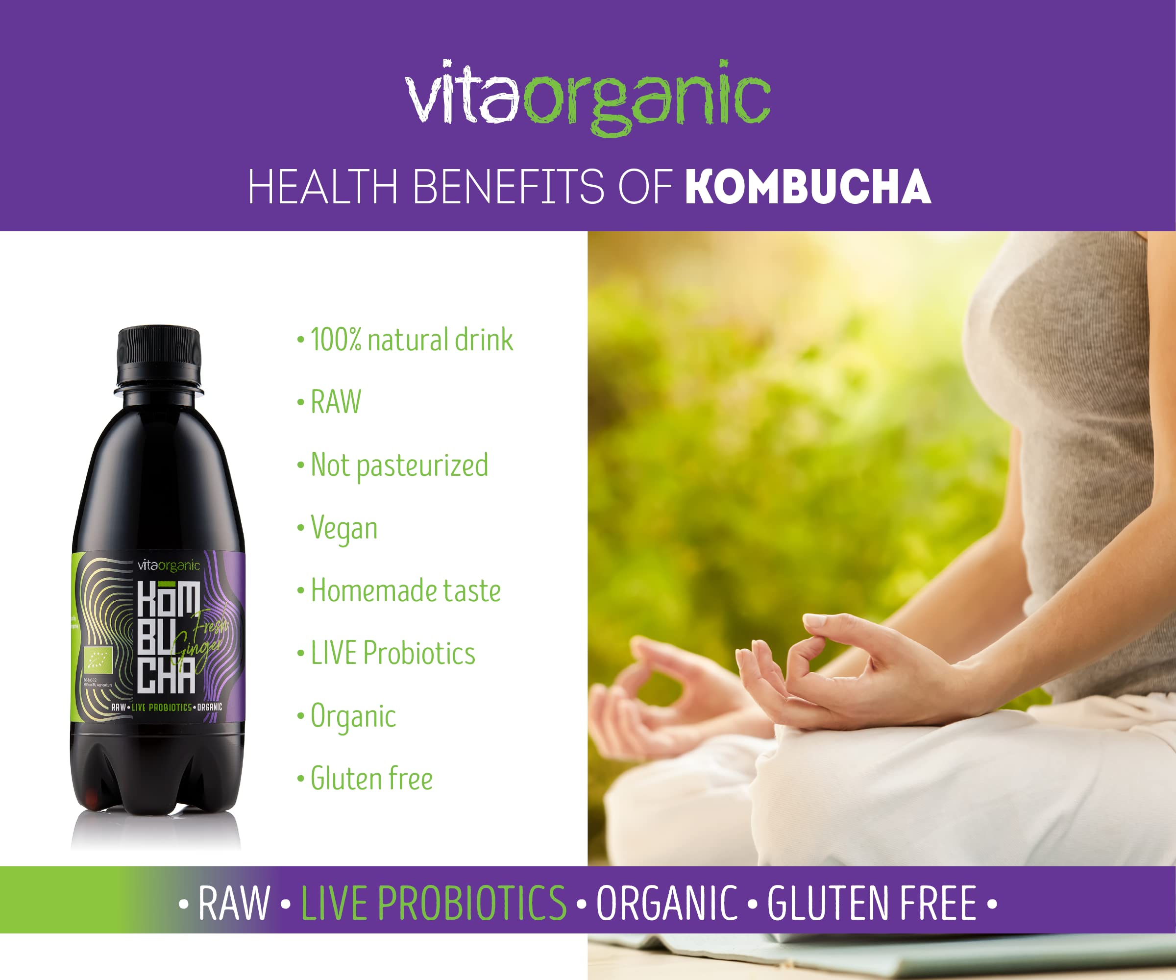 VitaOrganic Té de Kombucha Orgánico 330ml – Té Verde Espumoso con Cultivo de Kombucha Natural Viva – Bebida Fermentada Naturalmente y 100 % Orgánica – Bebida de Té Cruda, Vegana, Sin Gluten y Lactosa