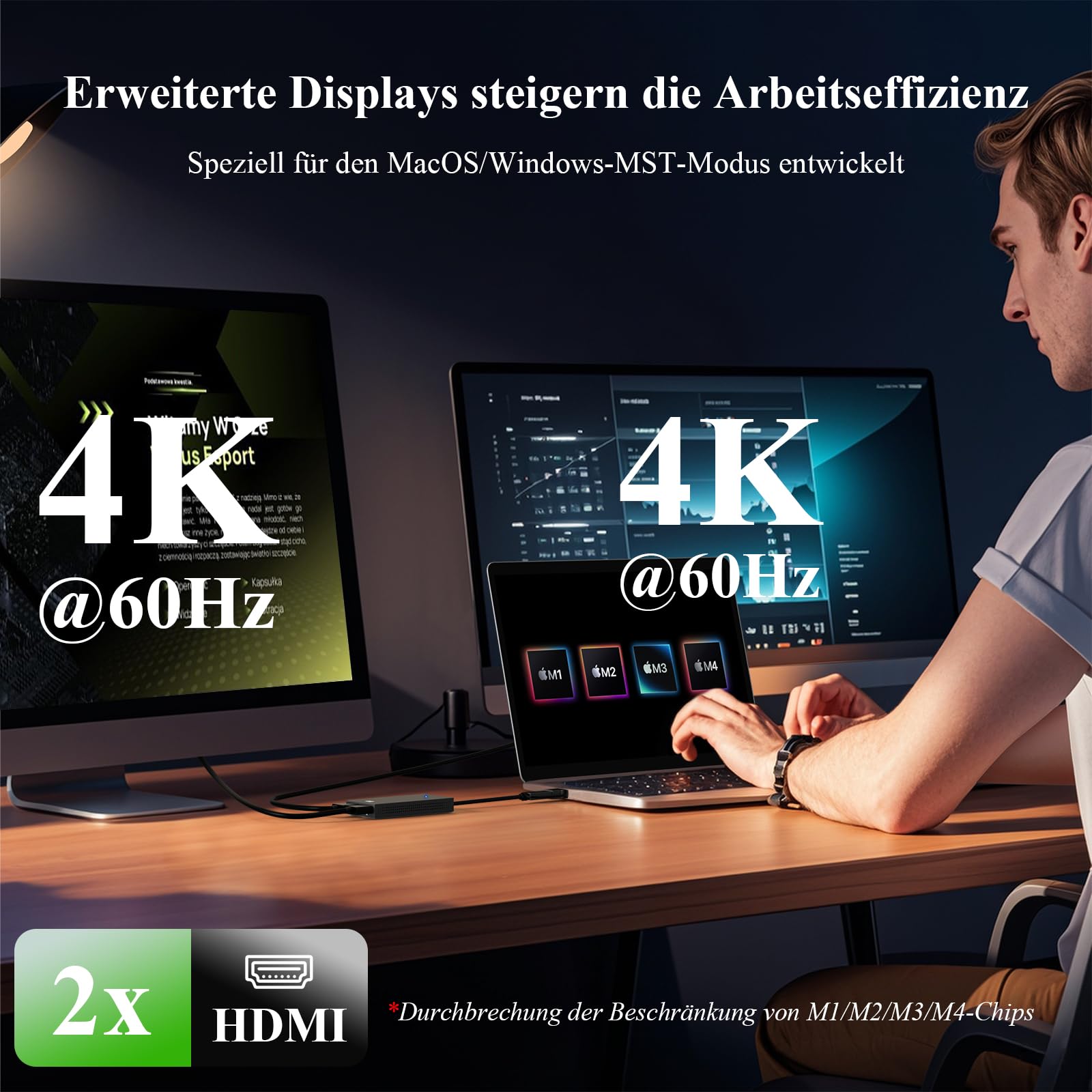 Minthouz USB 3.1/USB C auf Dual HDMI Adapter, DisplayLink Dual 4K@60Hz HDMI Splitter 2 Monitore Gleichzeitig für Dell HP Surface Lenovo, Unterstützt Windows and M1/M2/M3/M4 MacBook