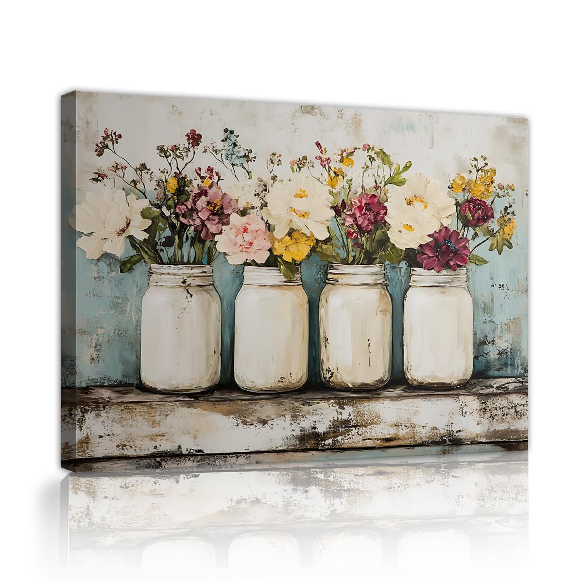 SHENGPOSTER Rustic Farmhouse Canvas Art Cottage Blossom Wall Art Print Shabby Chic Rose Pastel Flower Pots Poster Ready to Hang for Bedroom Decor Innerframe 30x40cm
