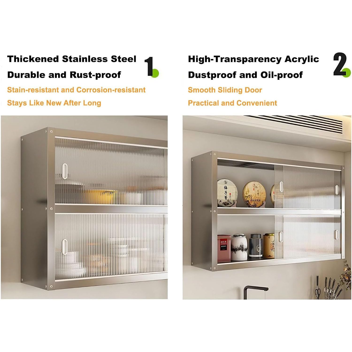 Pensili Cucina Sospesi in Acciaio Inox con Ante Scorrevoli Mobile Pensile da Parete per Cucina Armadietto di Stoccaggio Murale per Cucina Bagno Ufficio,01,60x30x40cm