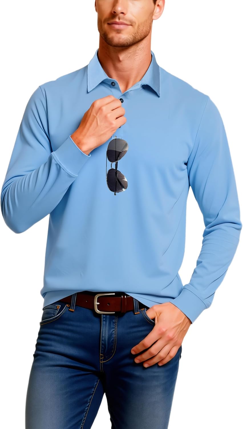 Men's Casual Long Sleeve Polo Shirts Performance Side Split Collared Golf Shirts with Sunglass Loop UPF 30+