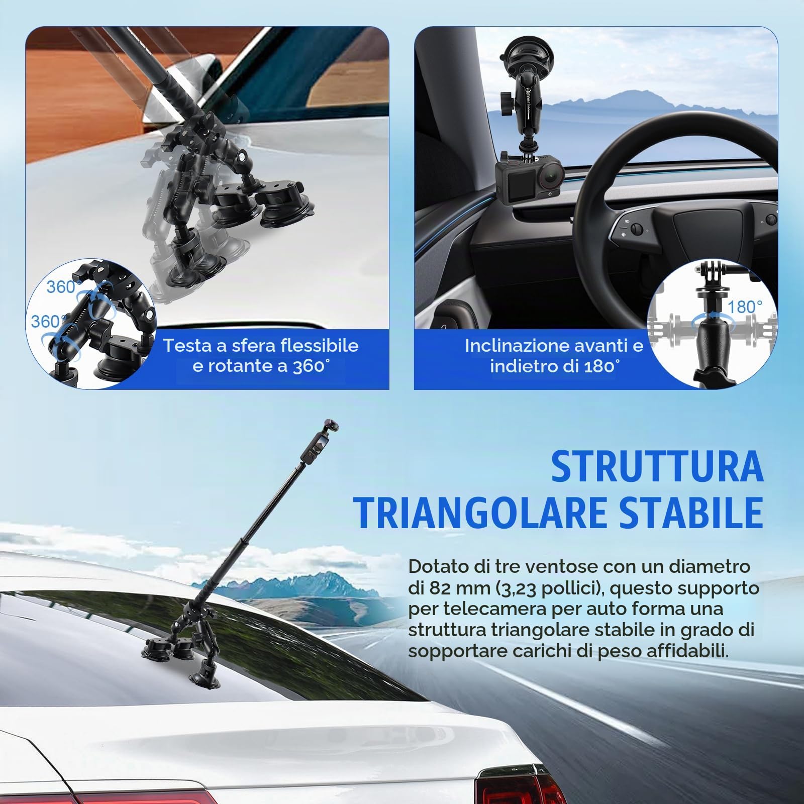 Kit Suppoto Ventosa Tripla Auto, Supporto a Tripla Ventosa e Morsetto con Bastone Selfie 120 cm, Staffa per Auto in Terza Persona, Supporto Fotocamera per Insta360/per Gopro Action Camera