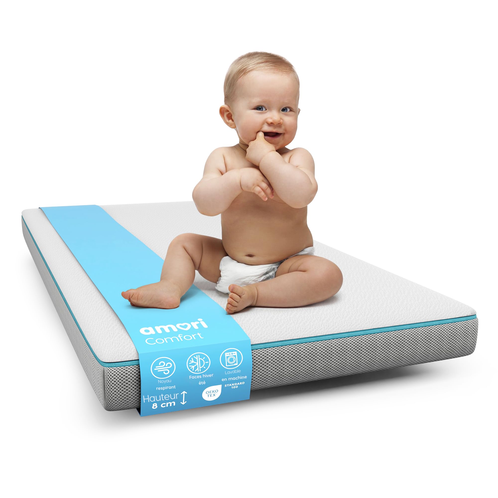 AMORI Comfort materac do łóżeczka dziecięcego, odporny na zadławienie, podwójna strona zimowa, lato, oddychający i hipoalergiczny, pokrowiec nadający się do prania, certyfikat Oeko-Tex