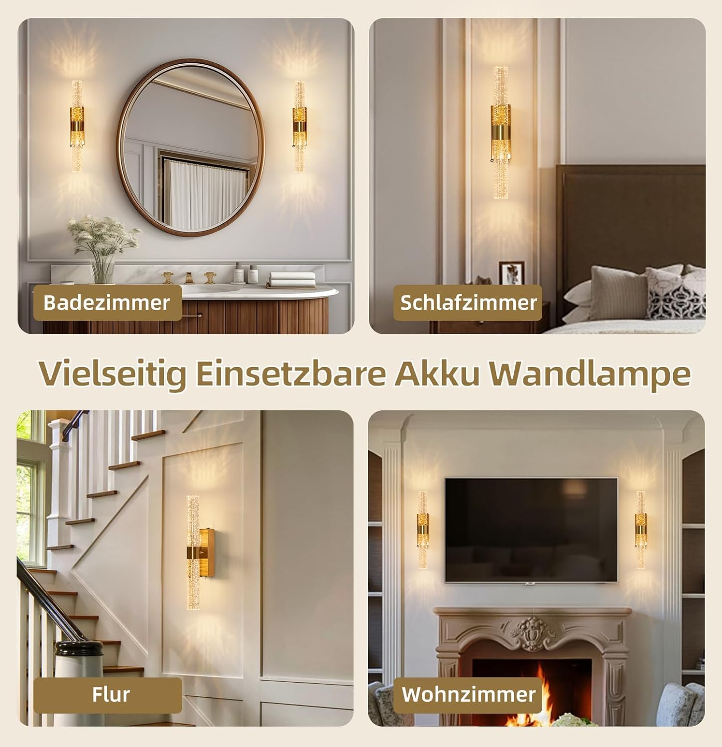 Wandleuchte Innen Akku mit Fernbedienung, Moderne Zylindrischer Blasenlinse 12000mAh Wandlampe, Dimmbar,Timer, 3000K, Kabellos & Ohne Bohren, Für Schlafzimmer,Wohnzimmer, Flur, Gold,2 Set(39CM)