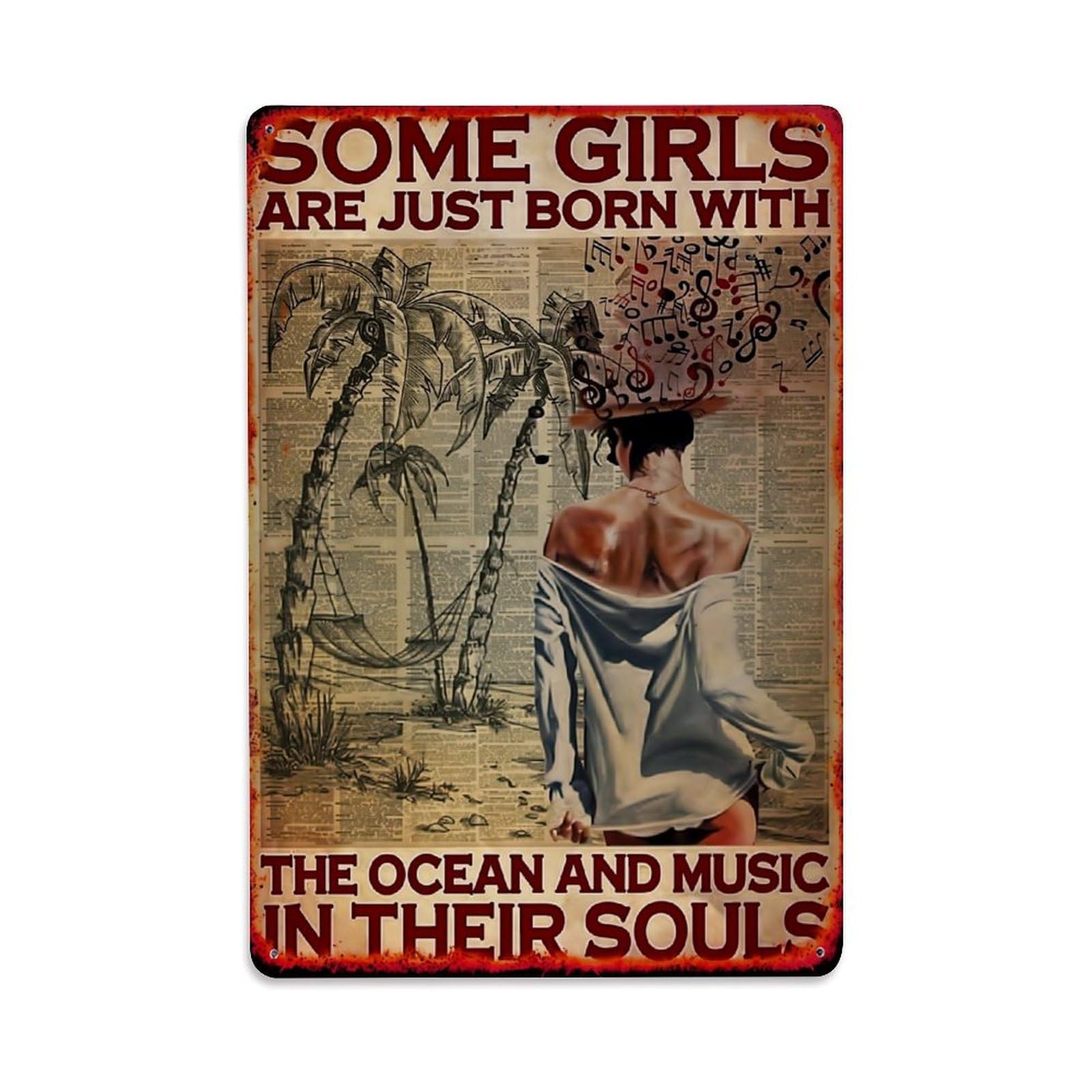Jdyaojiesheng Girls Vintage Palm Tree Hammock Music Notes Tin Sign Retro Metal Wall Decor Metal Poster, Home Bar Garage Farmhouse Cafe Wall Art Decoration 8X12inches