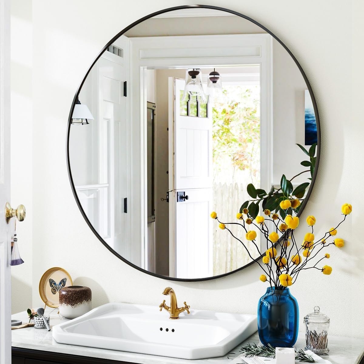 - VooBang Black Round Bathroom Mirror, 24 inch Circle Wall Mounted Hanging Mirror with Simple Modern Circular Metal Frame for Hallway, Entryway, Living Room, Black Frame