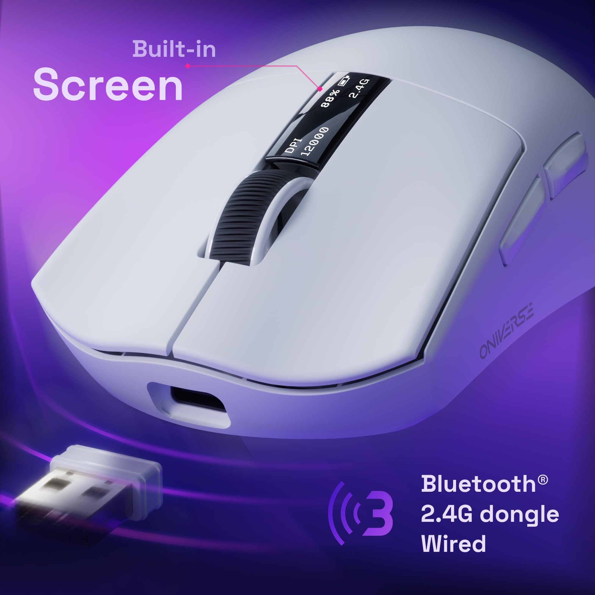Ratón inalámbrico para Gamers con Base de Carga, Sensor PixArt 12000 dpi, 3 Modos de conexión (2,4 G/Bluetooth/Cable), Pantalla integrada, Polling Rate 1000 Hz, para PC/Mac/PS5/PS4