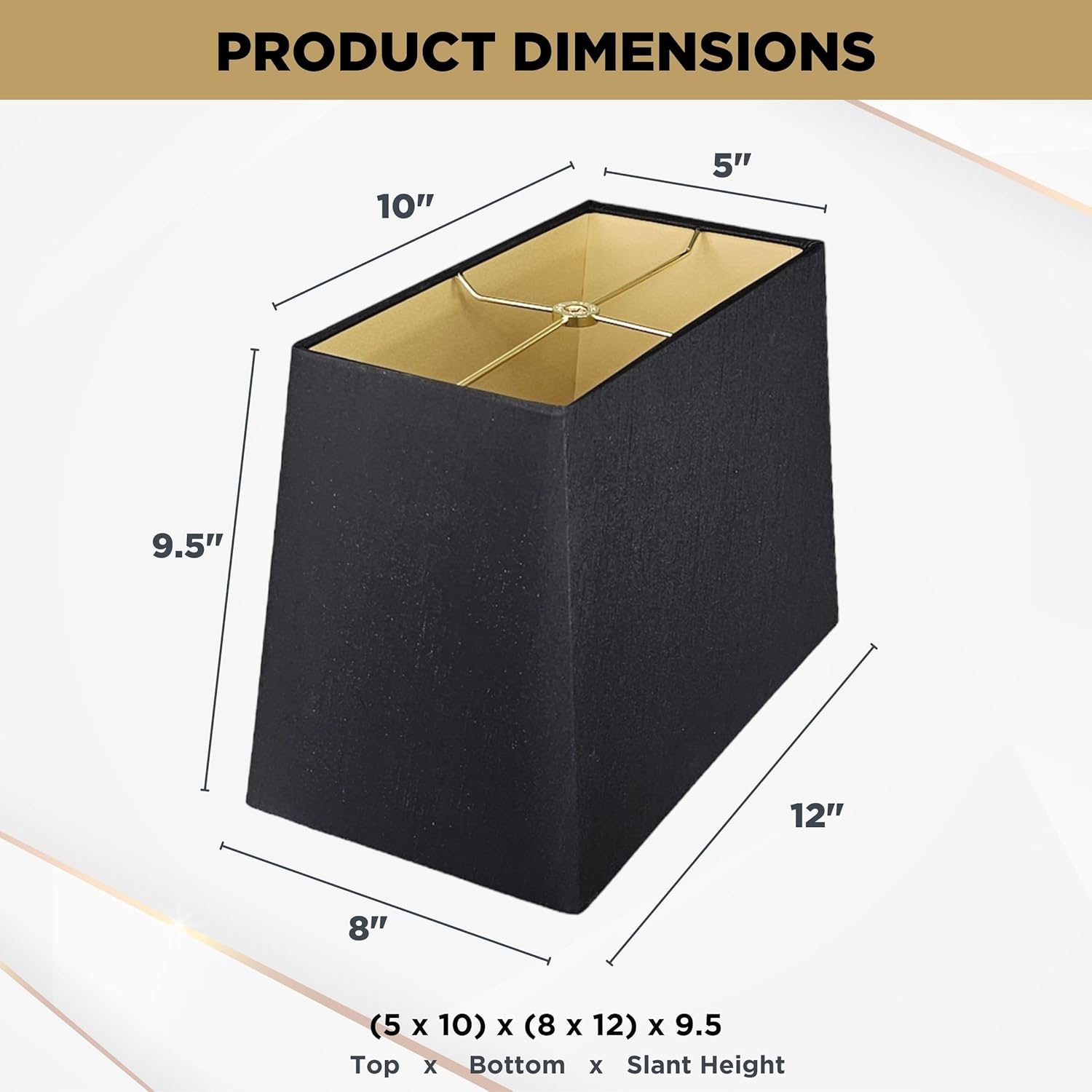 Royal Designs, Inc. HB-613-12BLK Rectangle Hardback Lamp Shade, (5 x 10) x (8 x 12) x 9.5, Black with Gold