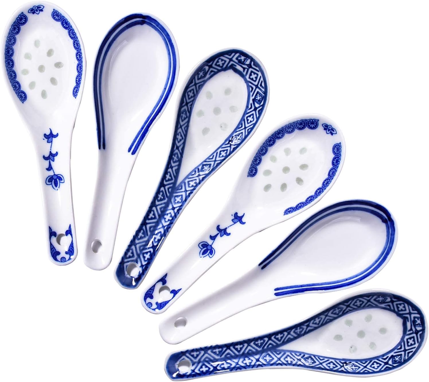 KASTWAVE Ceramic Chinese Soup Spoon Set - 6 Piece Blue and White Porcelain Reusable Dining Spoons for Ramen, Wonton, Dumpling, Miso - Home Kitchen Dining