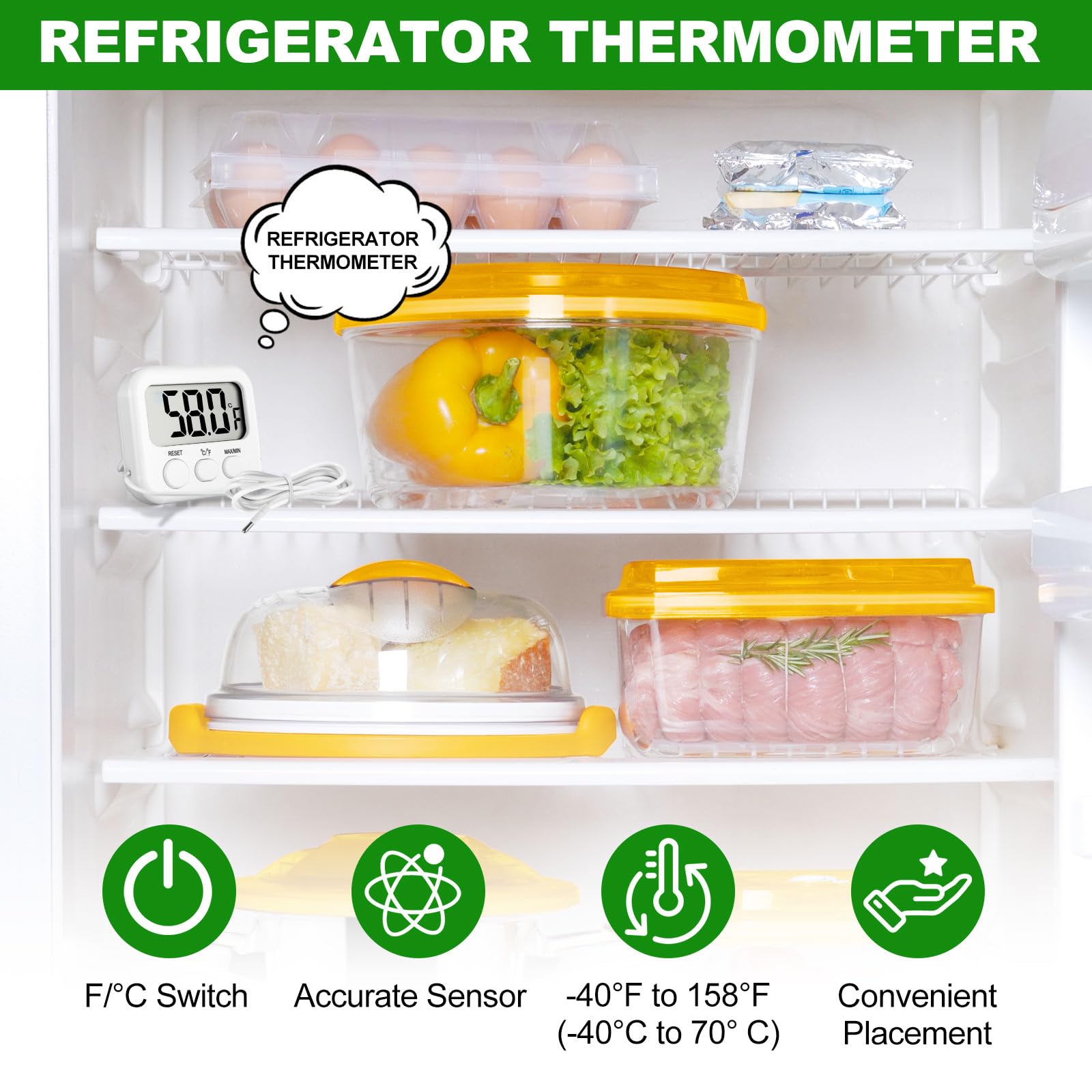 Kingdder Confezione da 6 termometri digitali con sensore esterno magnetico posteriore, termometro per frigorifero e congelatore, monitor della temperatura ambiente impermeabile con display LCD
