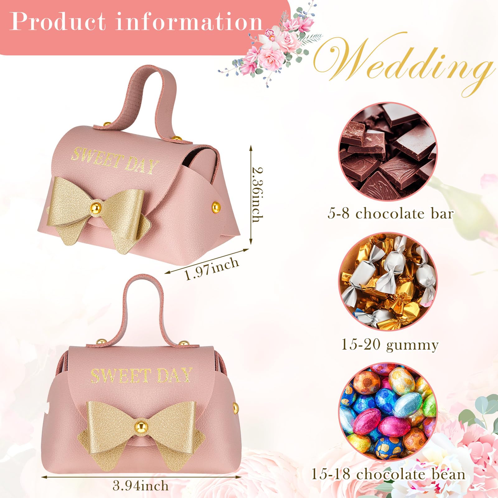 Dandat 20 Stück rosa Bowknot Geschenkbox mit Griff PU-Leder Geldbörse Box Rosa Leckerli-Boxen Wiederverwendbare rosa Süßigkeiten-Boxen mit goldener Schleife für Geburtstag Weihnachten Hochzeit Party