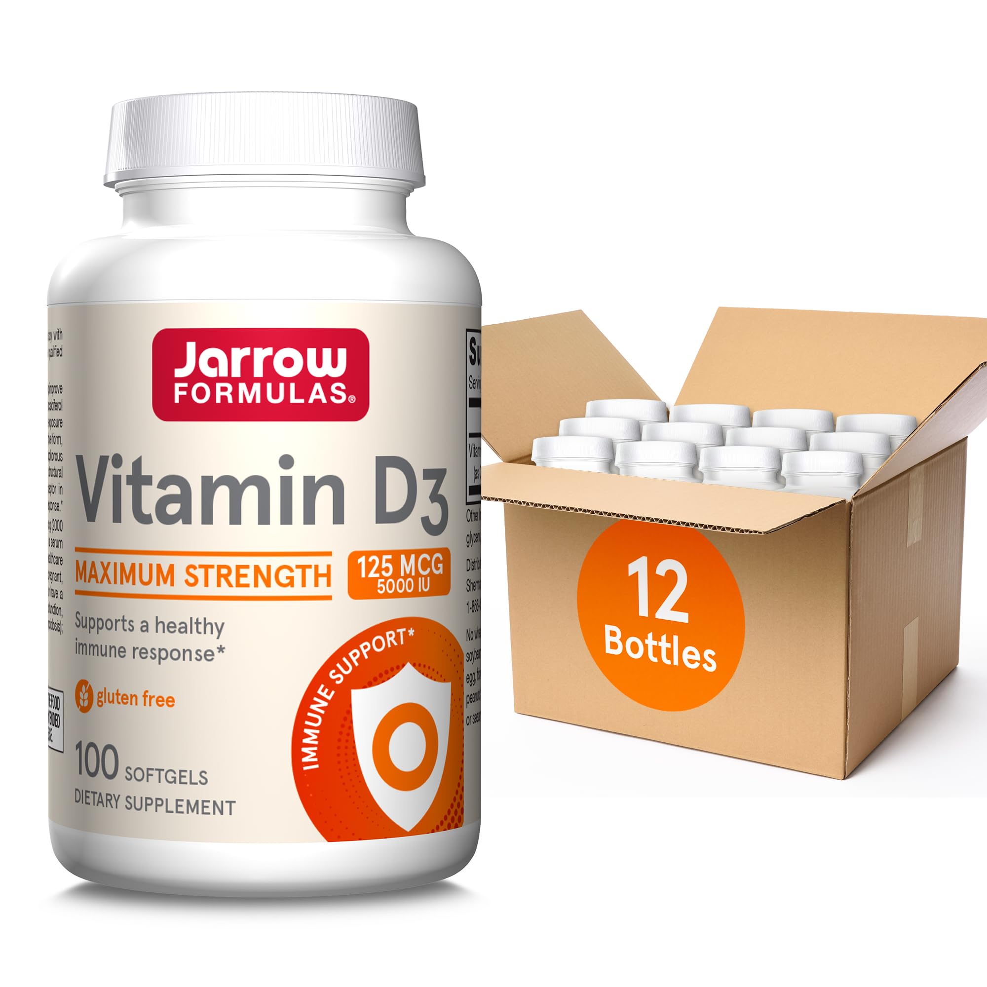 Jarrow Formulas Vitamin D3 125 mcg (5000 IU) - 100 Servings (Softgels) - Bone Health, Immune Support & Calcium Metabolism Support - Vitamin D Supplement - D3 Vitamins - 5000 IU Vitamin D (Pack of 12) Unflavored 100 Count (Pack of 12)