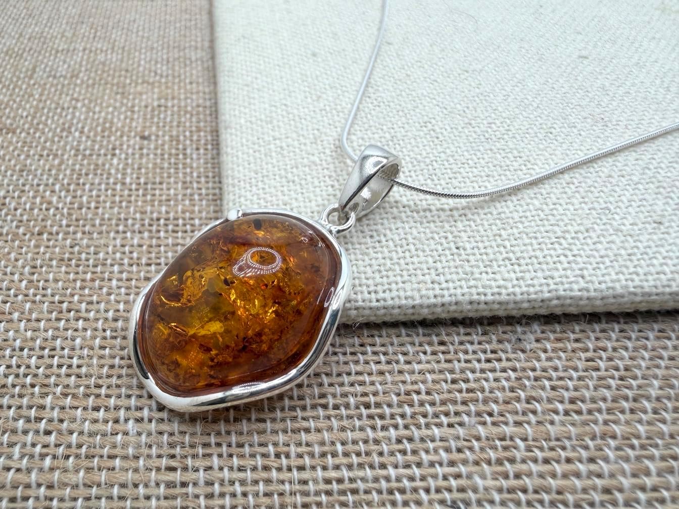Honey Baltic Amber Handmade Oval Pendant on Sterling Silver Snake Chain