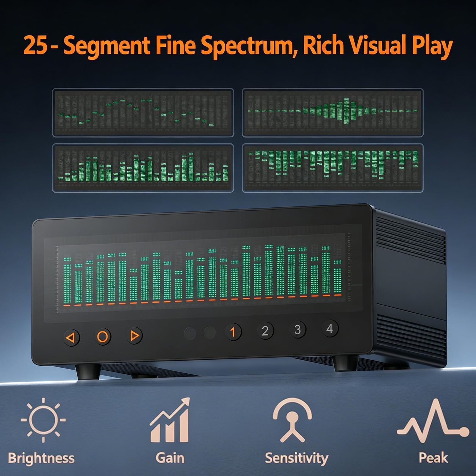VFD-Spektrum-Anzeige, Audio-Visualisierer, 4-Kanal-Cinch-Audio-Umschalter, Musikspektrum- und Uhrfunktion, fernbedienbare Effekte, für Heim-Lautsprecher und Desktop-Setups