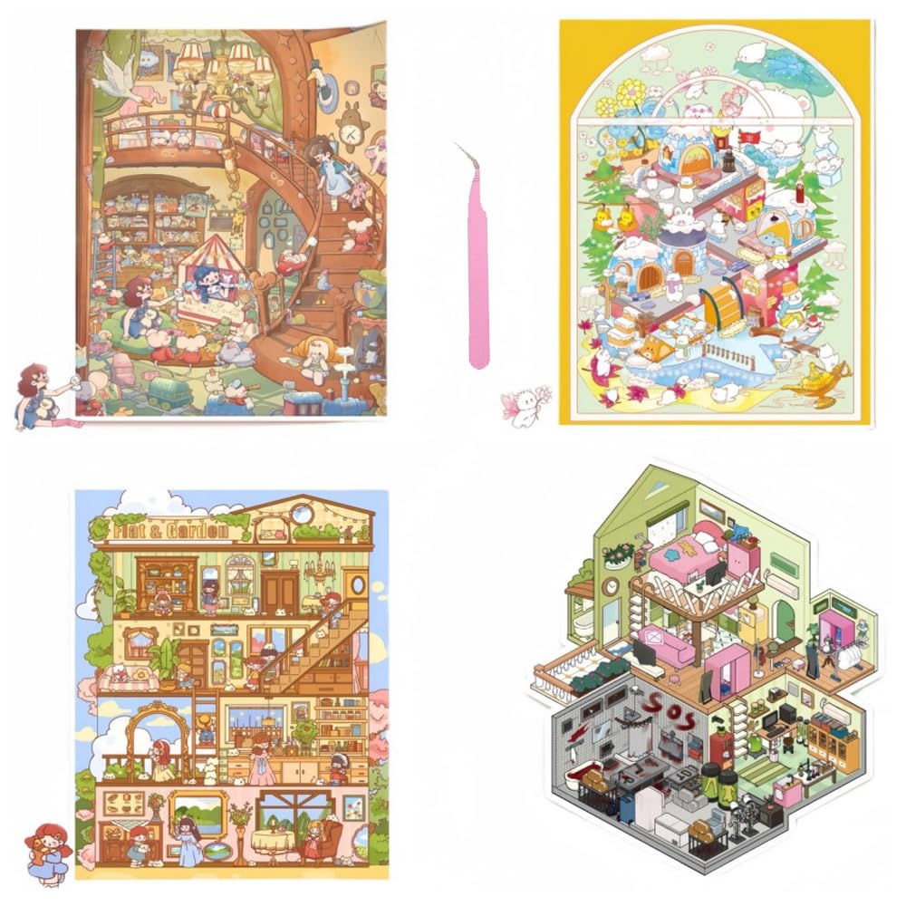 3D Scene Stickers 4 Sets of Stickers Fun Large Size,DIY Miniature House Sticker with Tweezers Make Your Own Cute Cartoon Sticker for Adults Girls Relief Stress Pass The Time,Favors Gift