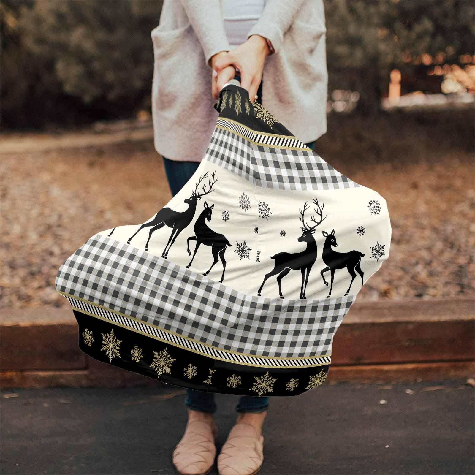 Nursing Cover for Breastfeeding Scarf, Plaid Yellow Snowflake Beige Deer Silhouette Baby Car Covers Super Soft Multi Use for Canopy Shopping Cart Cover Blanket Stroller Cover