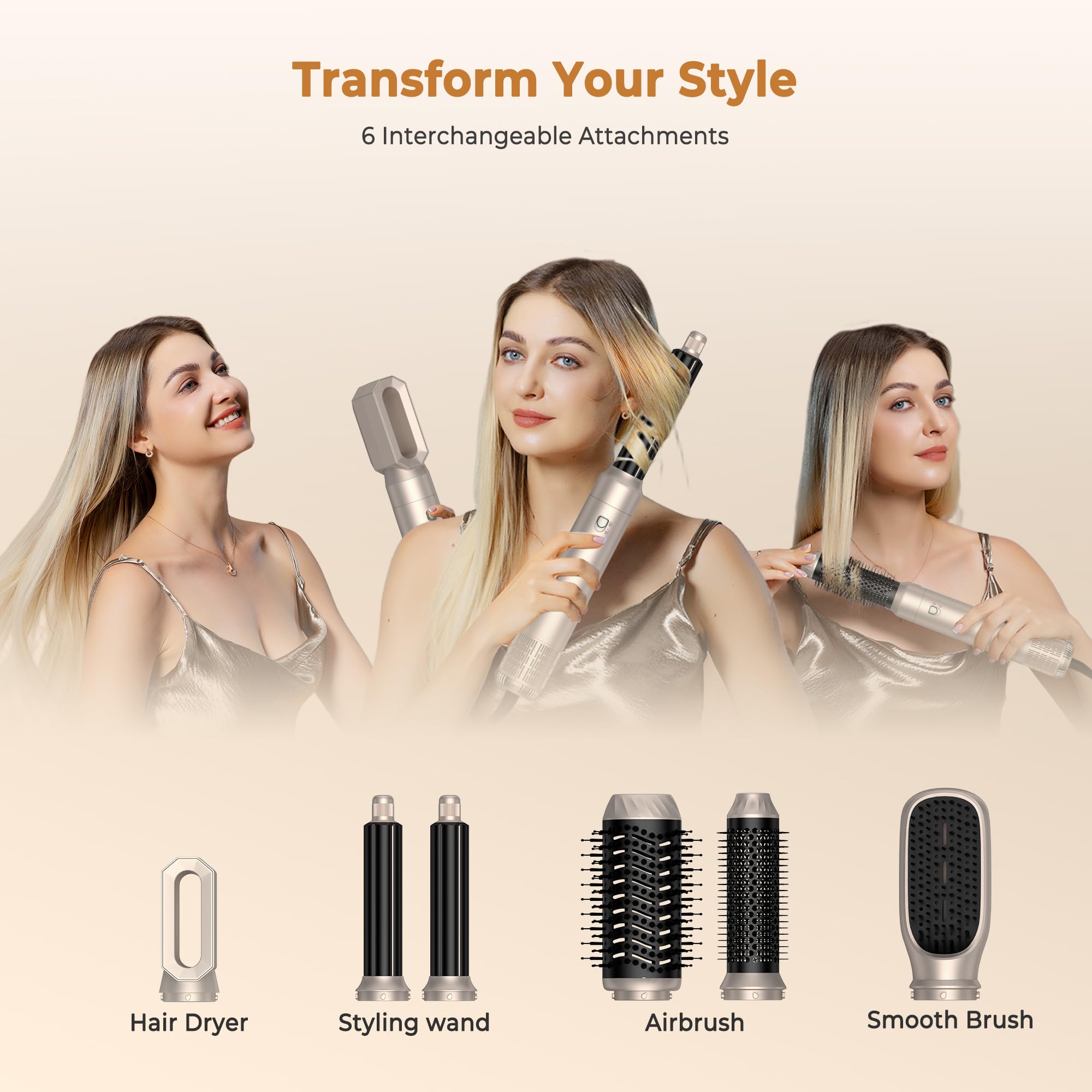 UKLISS Cepillo Secador de Pelo 6 en 1 - Cepillo de Aire Caliente Peinador con Rizador, Thermal Brush, Secado Rápido, Moldeador Pelo Voluminizador- Rizos, Volumen, Alisado y Secado (Dorado)