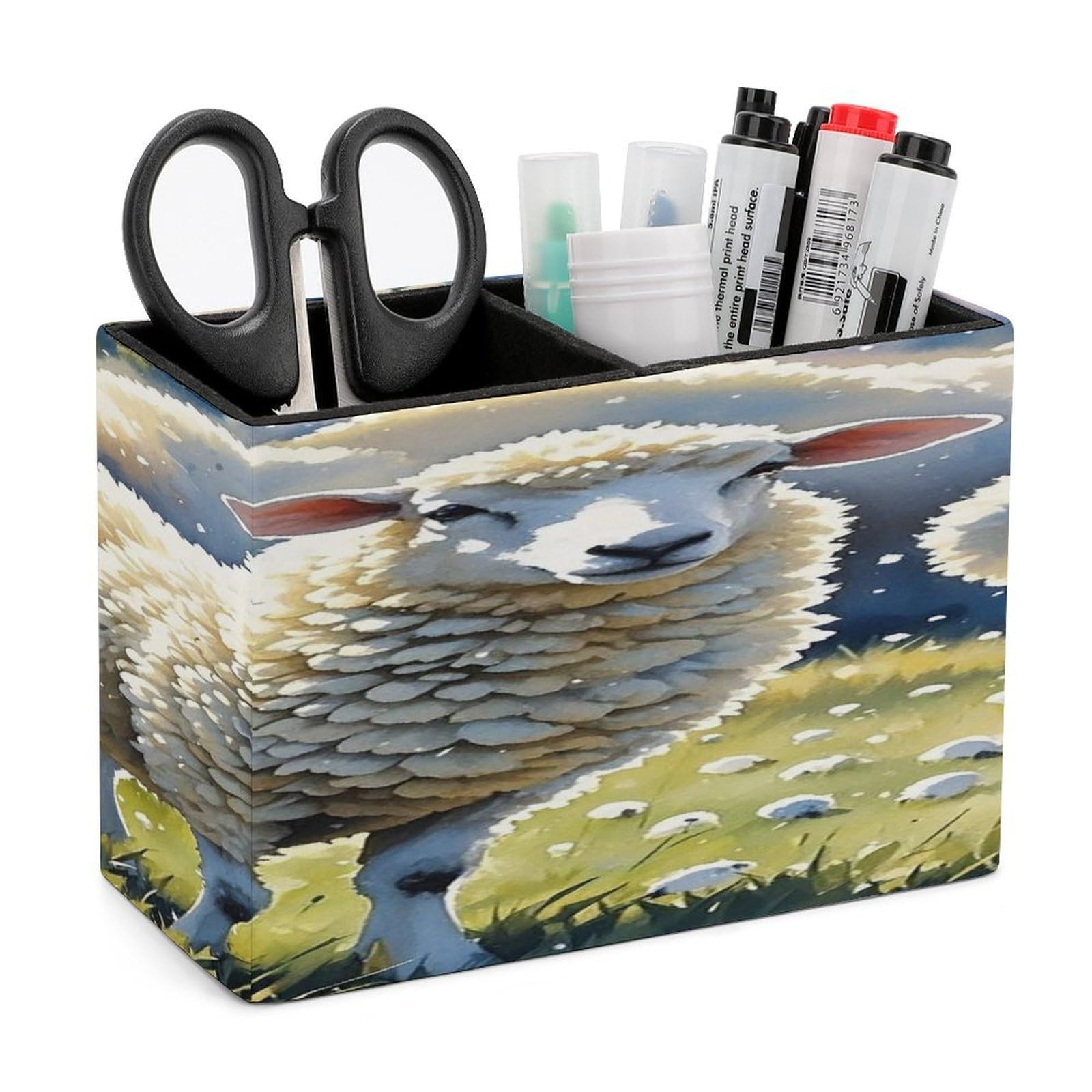 FekiLoot Sheeps Watercolor Pen Holders for Desk Small Remote Control Holder Leather Pencil Cup with Double Compartments Desktop Organizer for Table Desk Office Space Saving