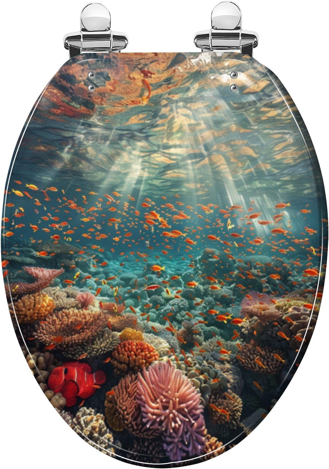Elongated Toilet Seat Marine Biodiversity Dynamic Underwater Coral Landscape Resin Toilet Seat Quietly Close Quick Release Hinges Decorative Toilet Seat with Cover Easy to Install