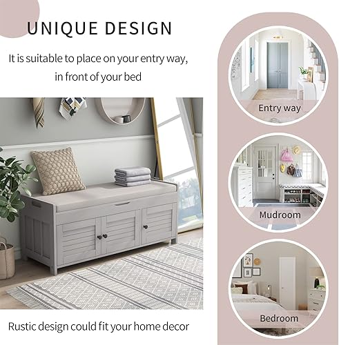 Miniatura 4 de Banco de entrada con cojín, banco de almacenamiento de zapatos de madera rústica con 2 gabinetes, estante ajustable integrado y parte superior