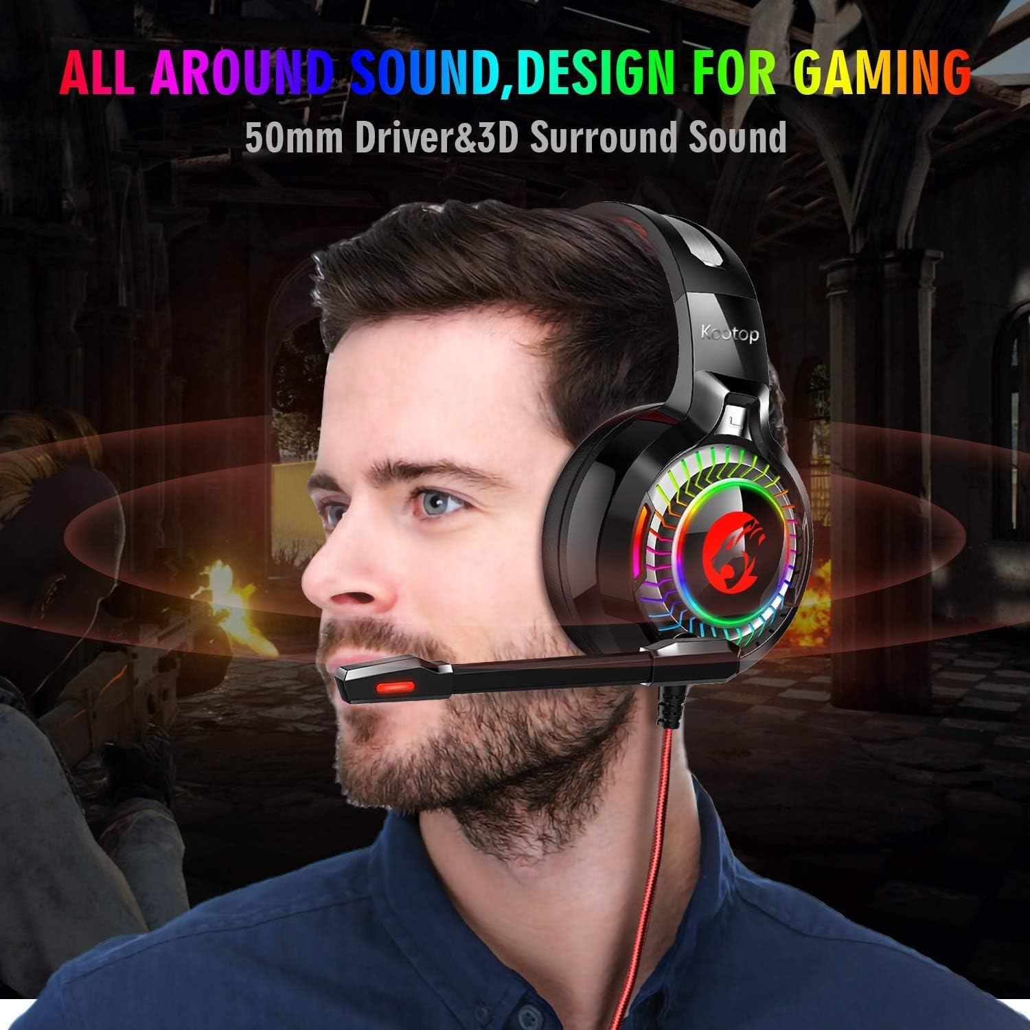 Gaming Headset for Xbox One,PS4,PC,Noise Cancelling Over Ear Headphones with Mic,RGB Light,Volume-Control, Bass, Soft Memory Earmuffs for Laptop Mac Nintendo Switch Games(Black&Red)