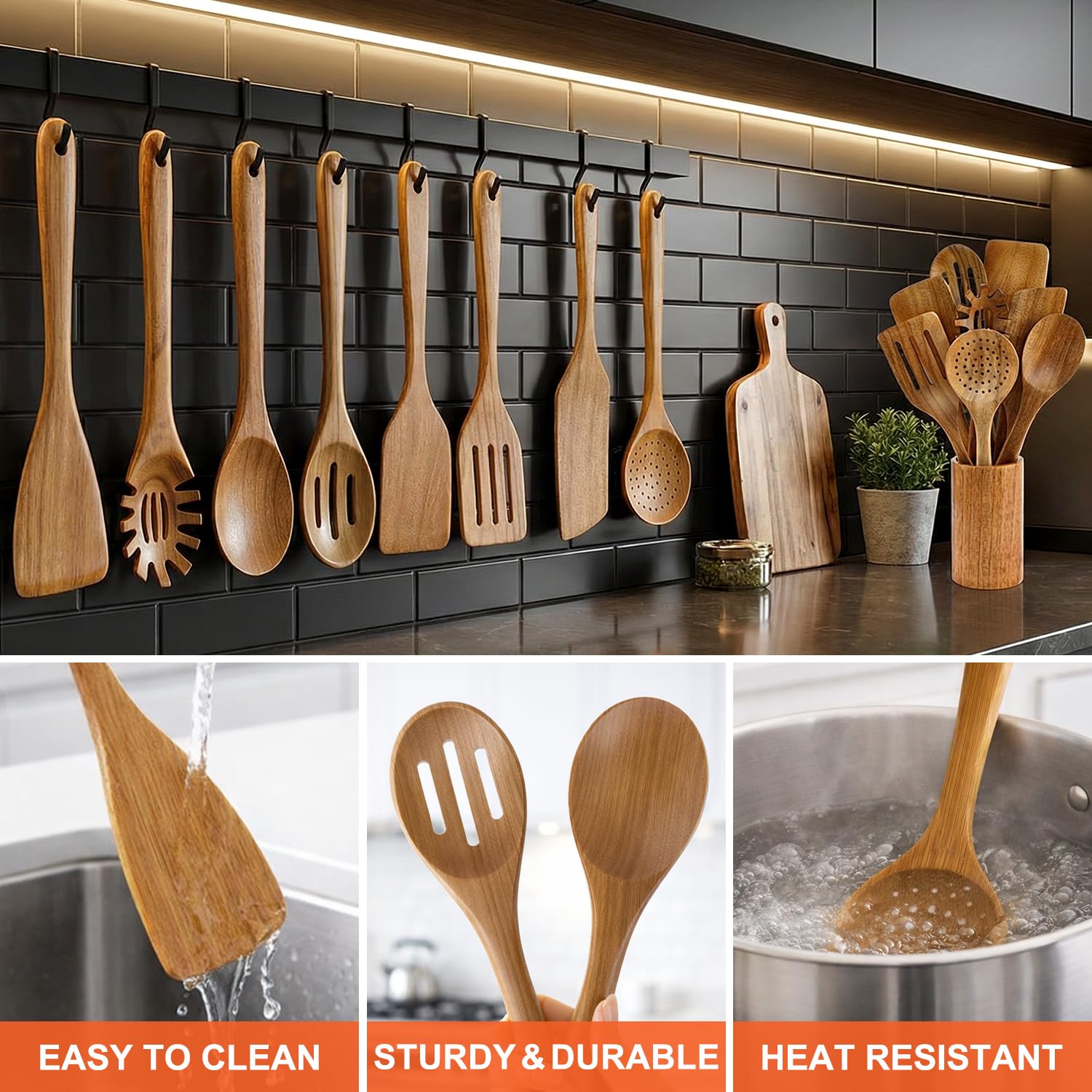 9 cucharas de madera para utensilios de cocina con soporte para utensilios, juego de utensilios de cocina de madera de teca, espátula plana de madera, cucharas de mezcla de cocina, cuchara de