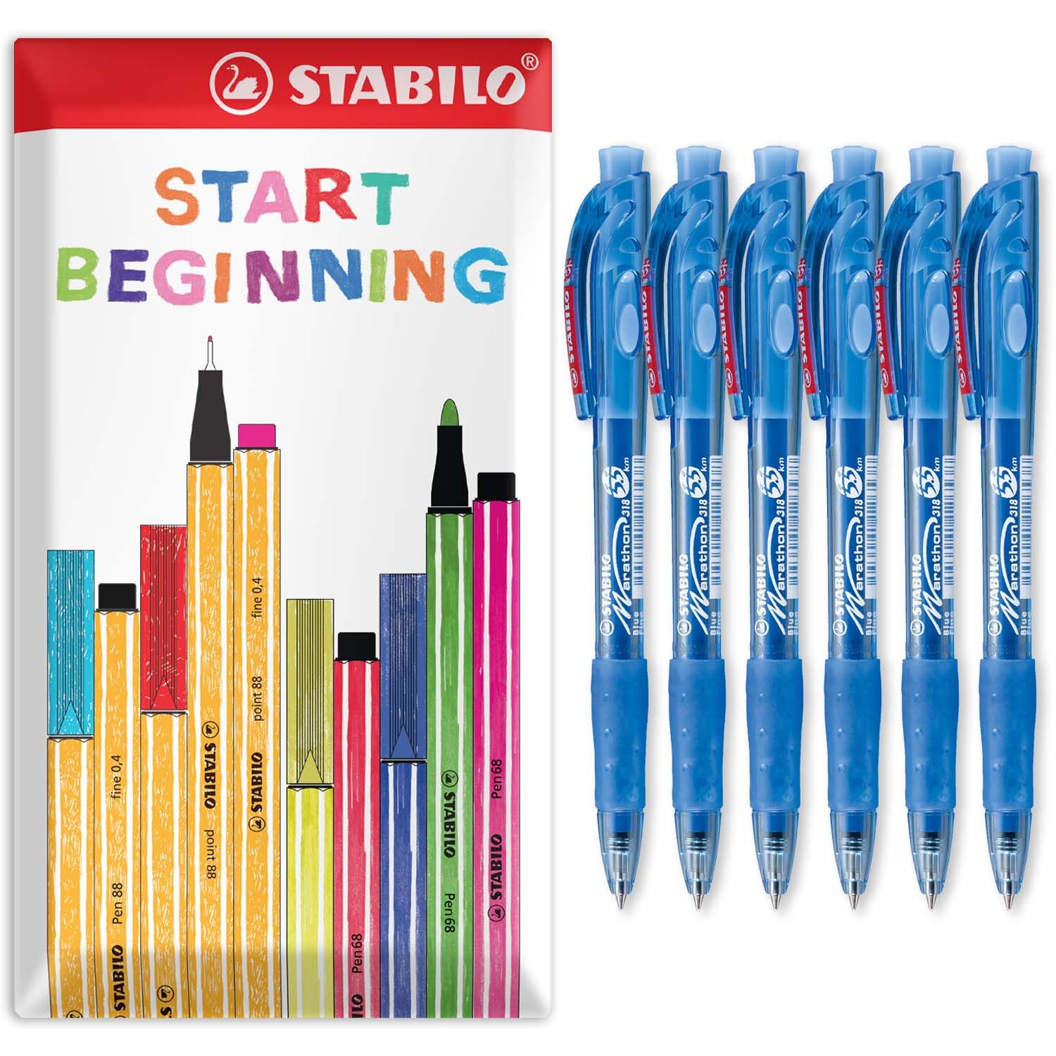 STABILO marathon - Retractable Ballpoint Pen - Fine 0.7mm Nib Pens - Envelope Gift Pack of 6 (Blue) โ image 1