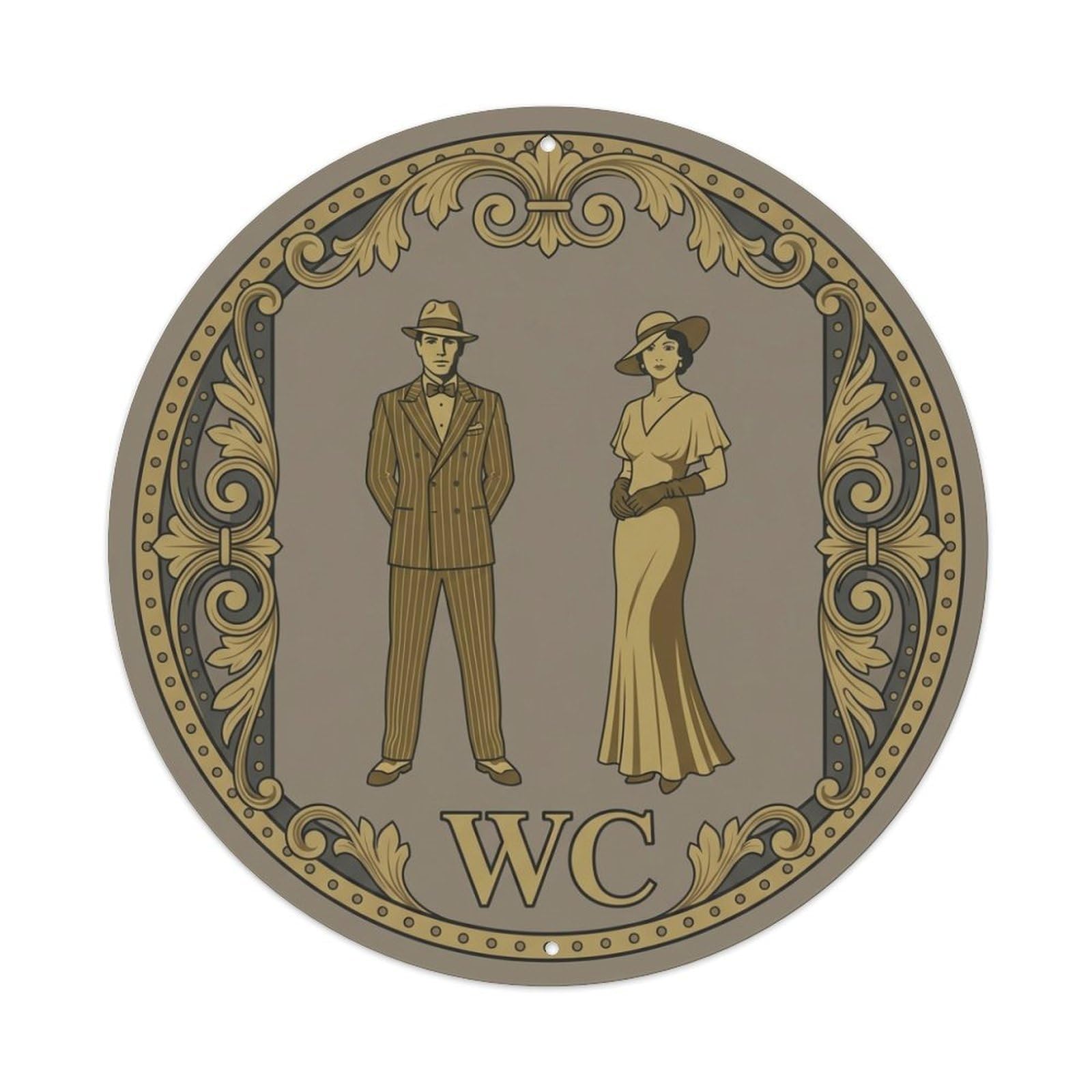 Taupe Gold Deco Emblem WC Restroom Notice Metal Tin Sign