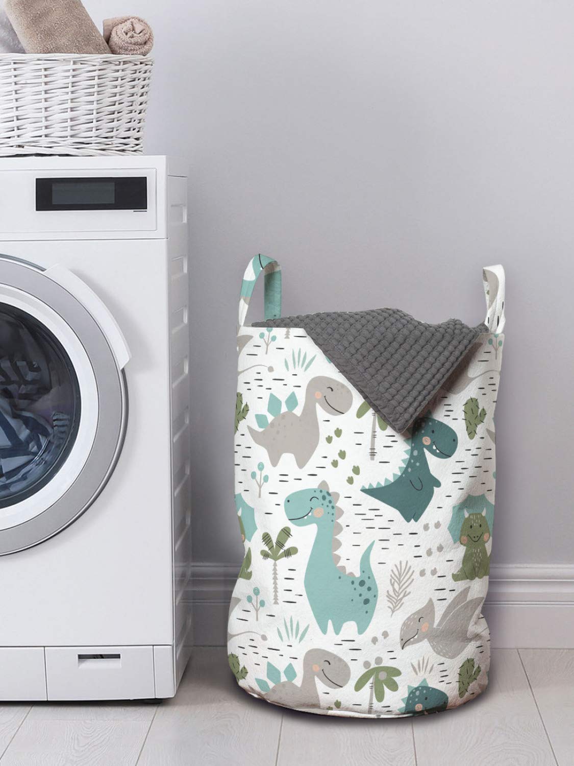 Ambesonne Cartoon Laundry Bag, Smiling Dinosaurs with Palm and Cactus, Hamper Basket with Handles Drawstring Closure for Laundromats, 13